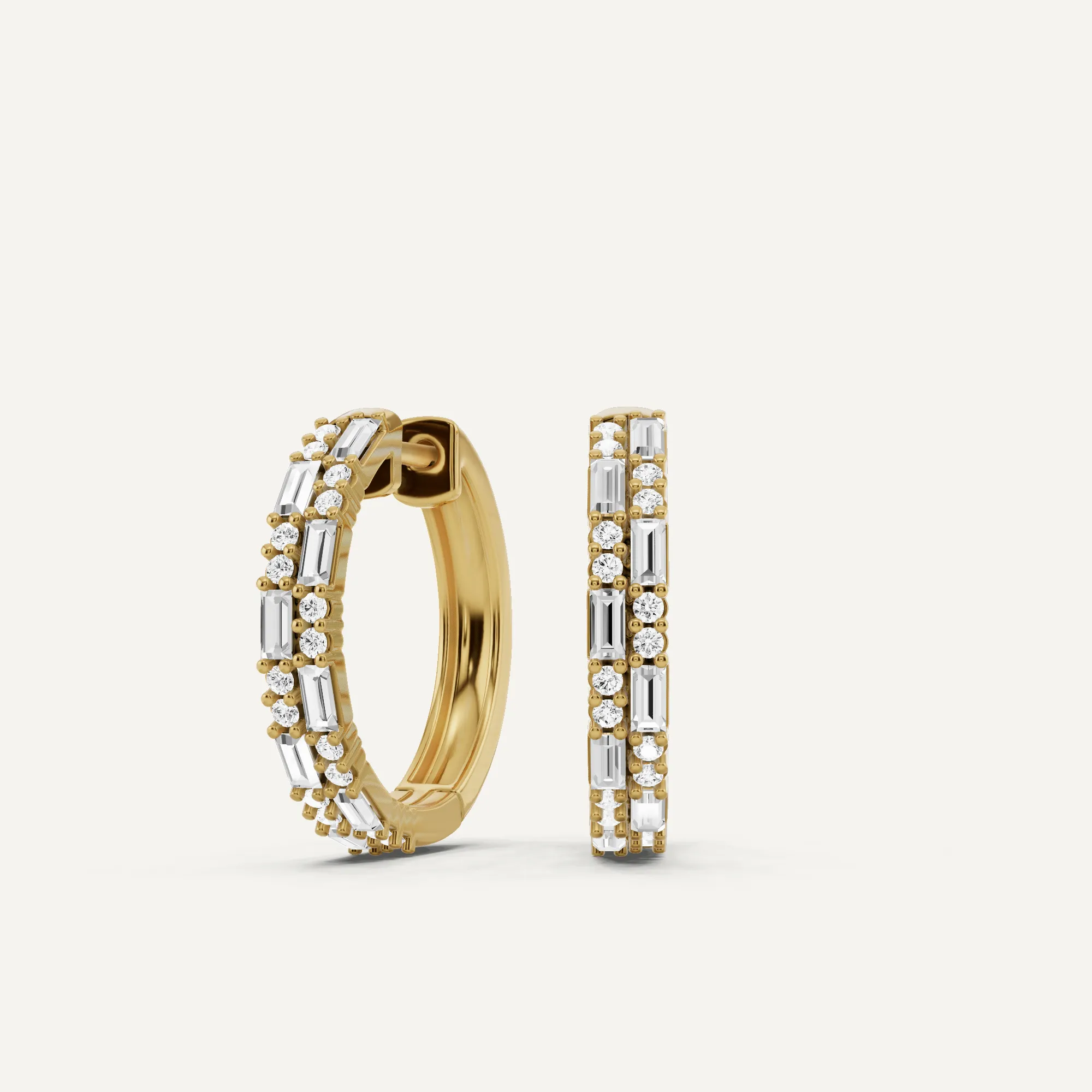 1 ctw Baguette and Round Diamond Alternate Double Row Hoop Earrings