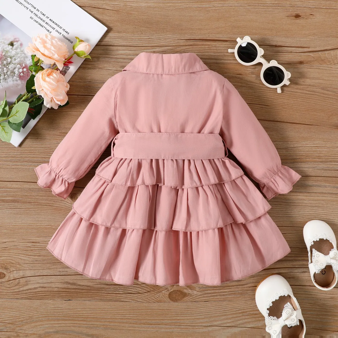 100% Cotton Baby Girl Green Lapel Single Breasted Long-sleeve Layered Ruffle Dress