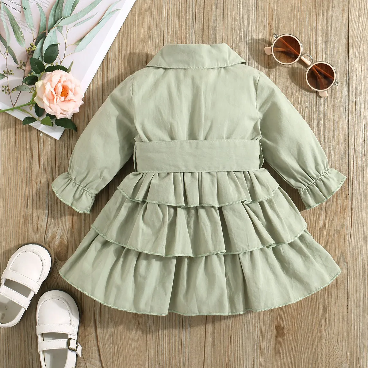 100% Cotton Baby Girl Green Lapel Single Breasted Long-sleeve Layered Ruffle Dress