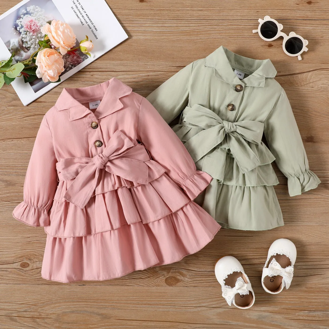 100% Cotton Baby Girl Green Lapel Single Breasted Long-sleeve Layered Ruffle Dress