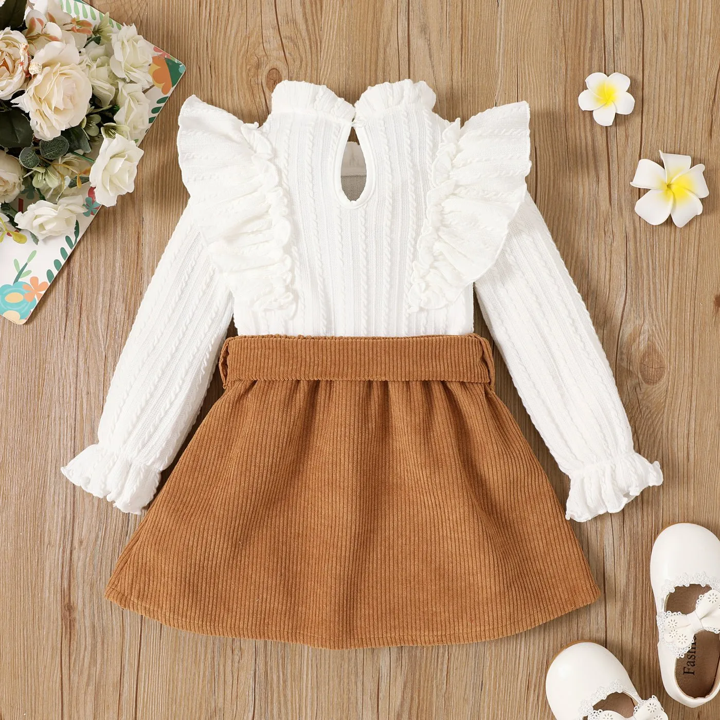 2pcs Toddler Girl Ruffle Texture Solid Long-sleeve Top and Belted Buttons Skirt Set