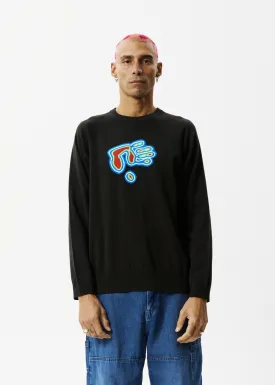 AFENDS Mens Imprint - Knitted Crew Neck Jumper - Stone Black