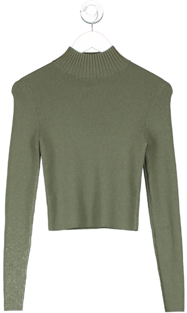 Alice   Olivia Green Senaida Cropped Lightweight Rib Mock Neck Jumper UK S/M