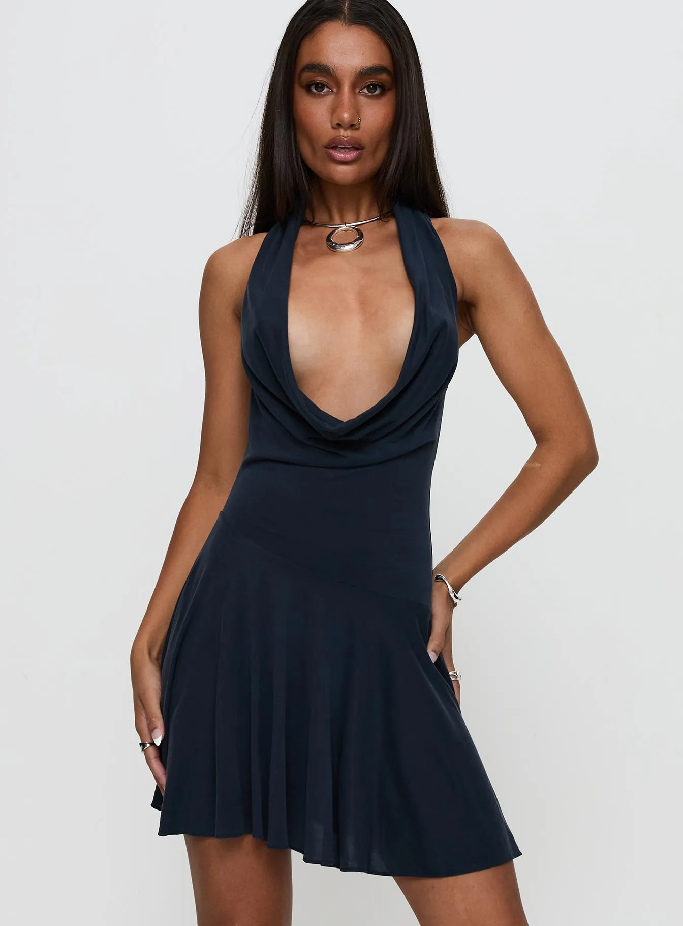 Body Heat Cowl Mini Dress Navy