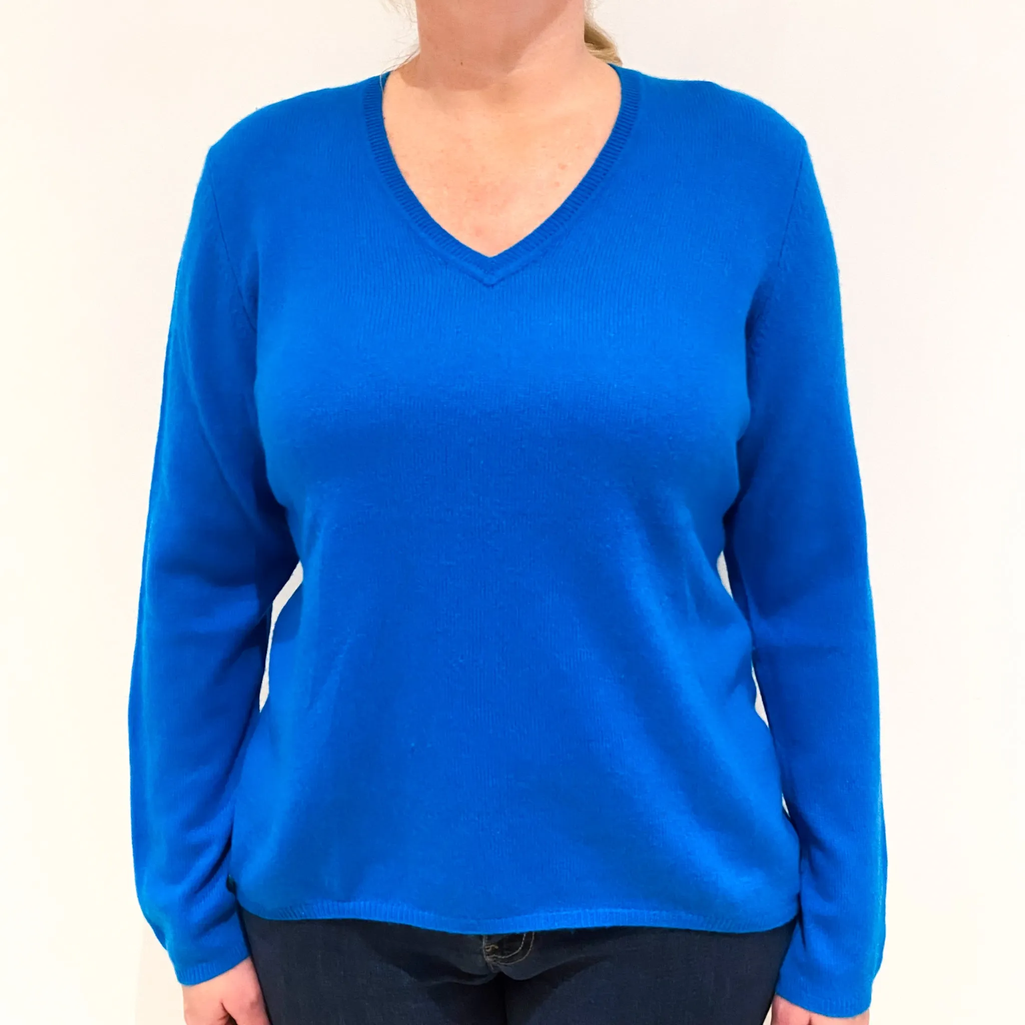 Bright Turquoise Blue Cashmere V-Neck Jumper Large