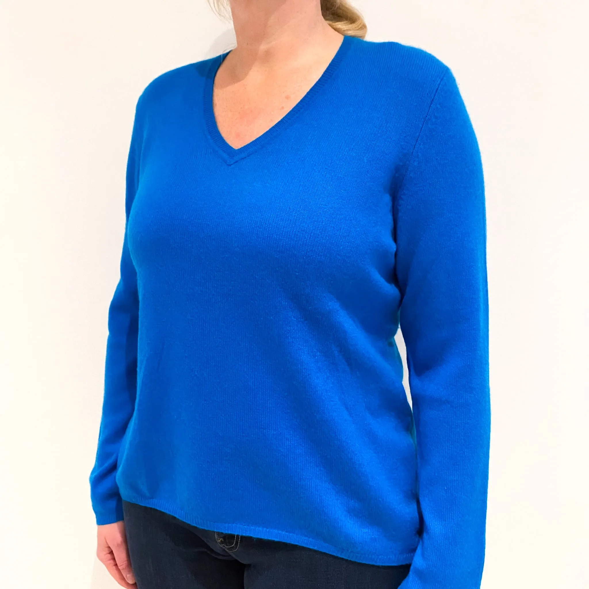 Bright Turquoise Blue Cashmere V-Neck Jumper Large