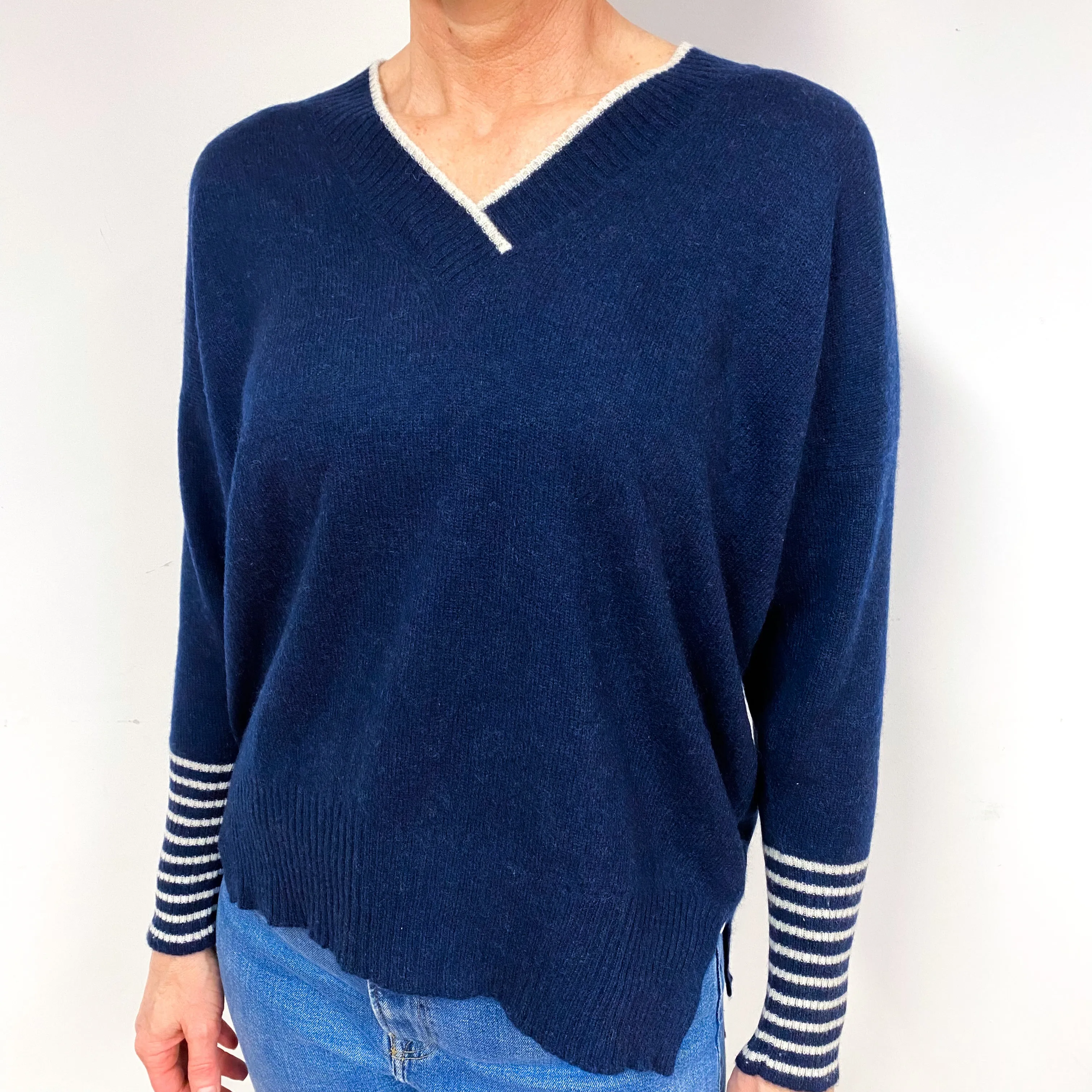 Brora Navy Stripe Cuff Cashmere V-Neck Jumper Medium