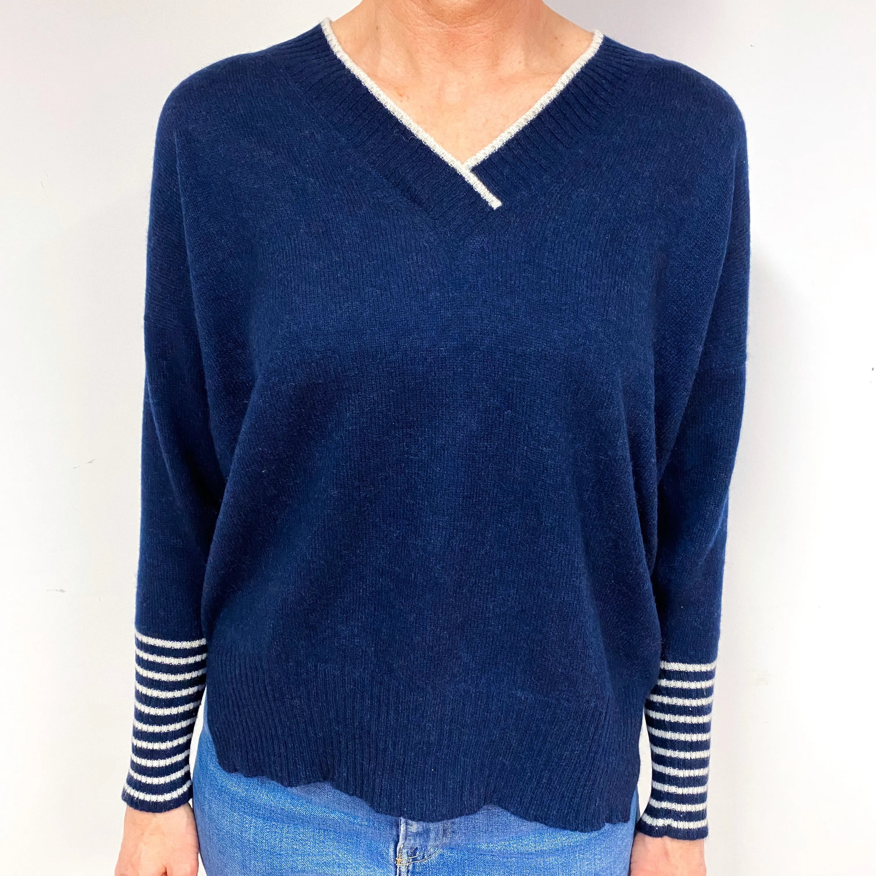 Brora Navy Stripe Cuff Cashmere V-Neck Jumper Medium