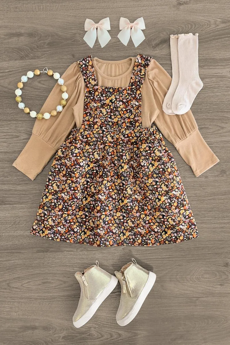 Brown Floral Corduroy Jumper Dress Set