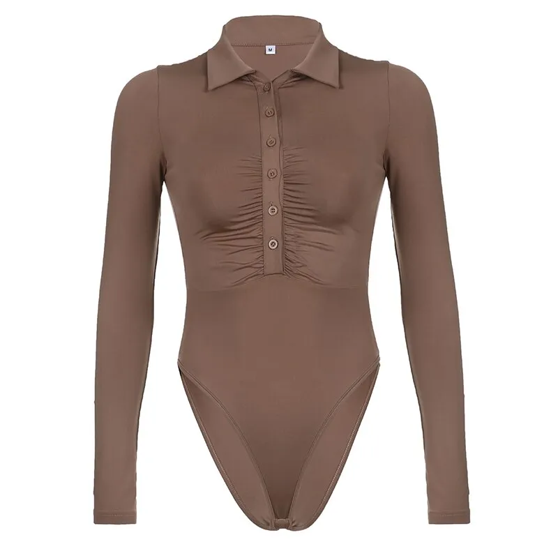 Brown Folds Buttons Long-Sleeve Bodysuit