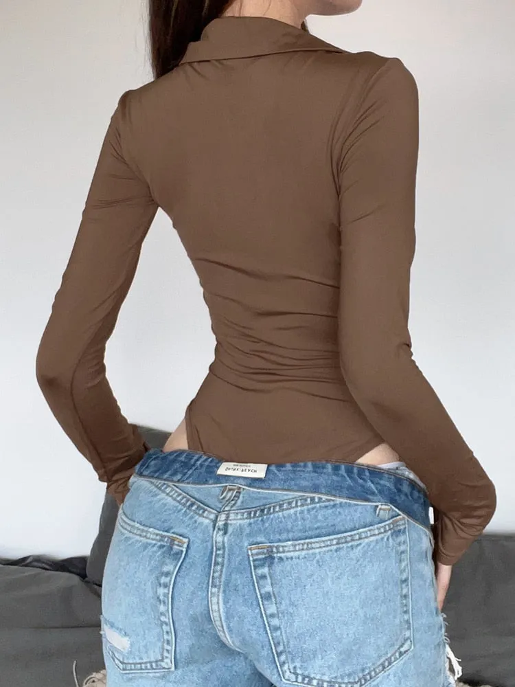 Brown Folds Buttons Long-Sleeve Bodysuit