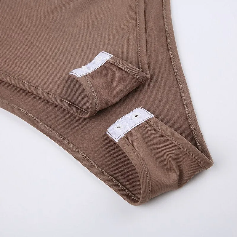 Brown Folds Buttons Long-Sleeve Bodysuit