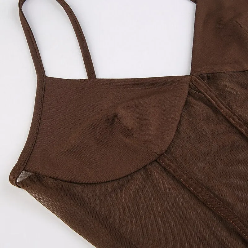 Brown Strap V-Neck Skinny Party Bodysuit