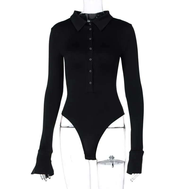 Button Lapel Long Sleeve Bodysuit