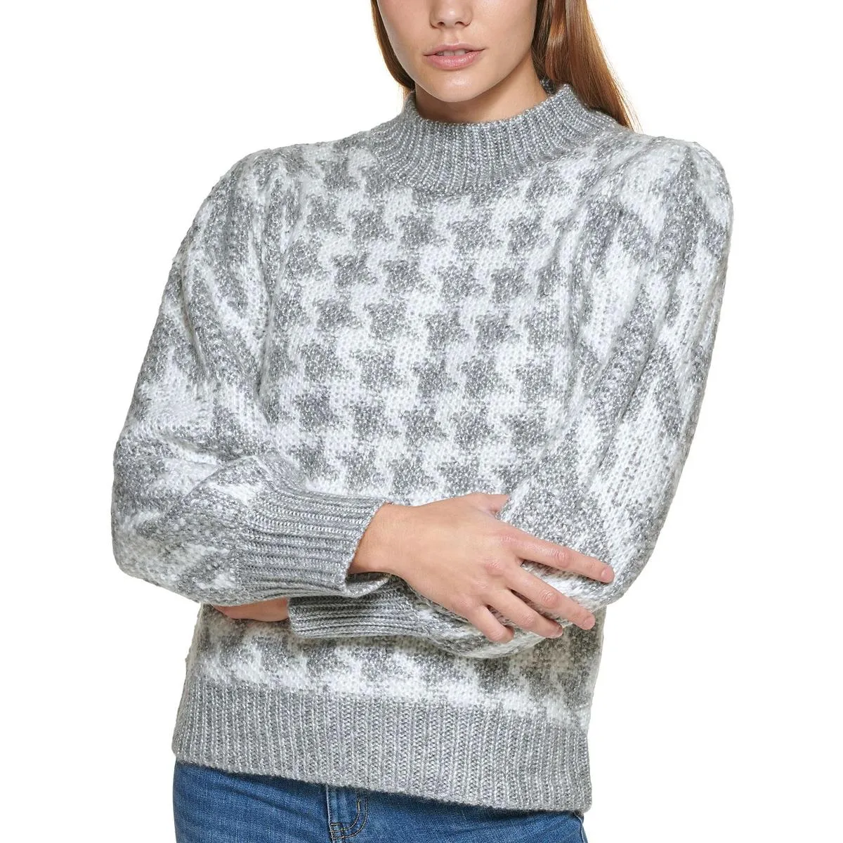 CALVIN KLEIN Medium Knit Houndstooth Women's Sweater Jumper in Grey/ White