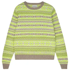 Cashmere Tonal Fair Isle Crew in Organic Light Brown and Neon Yellow