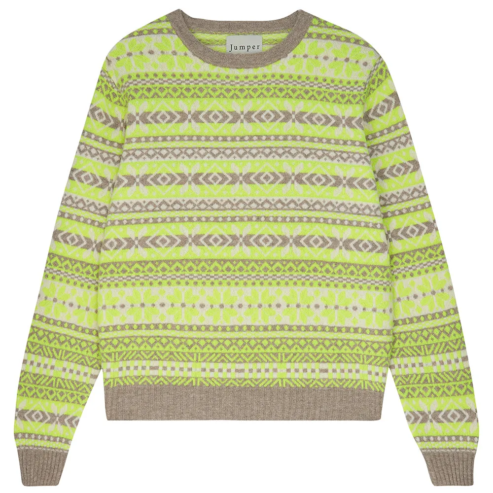 Cashmere Tonal Fair Isle Crew in Organic Light Brown and Neon Yellow