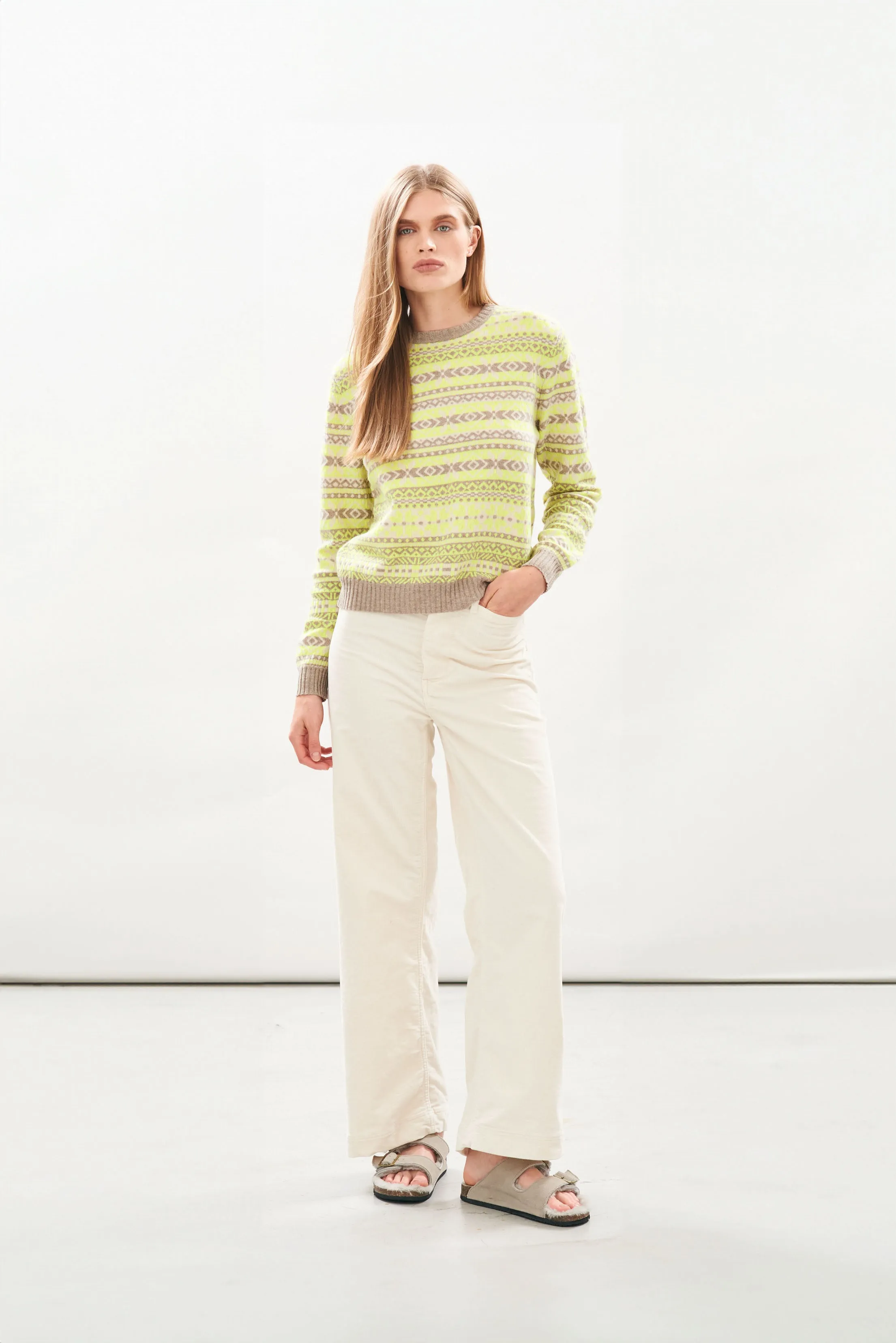 Cashmere Tonal Fair Isle Crew in Organic Light Brown and Neon Yellow