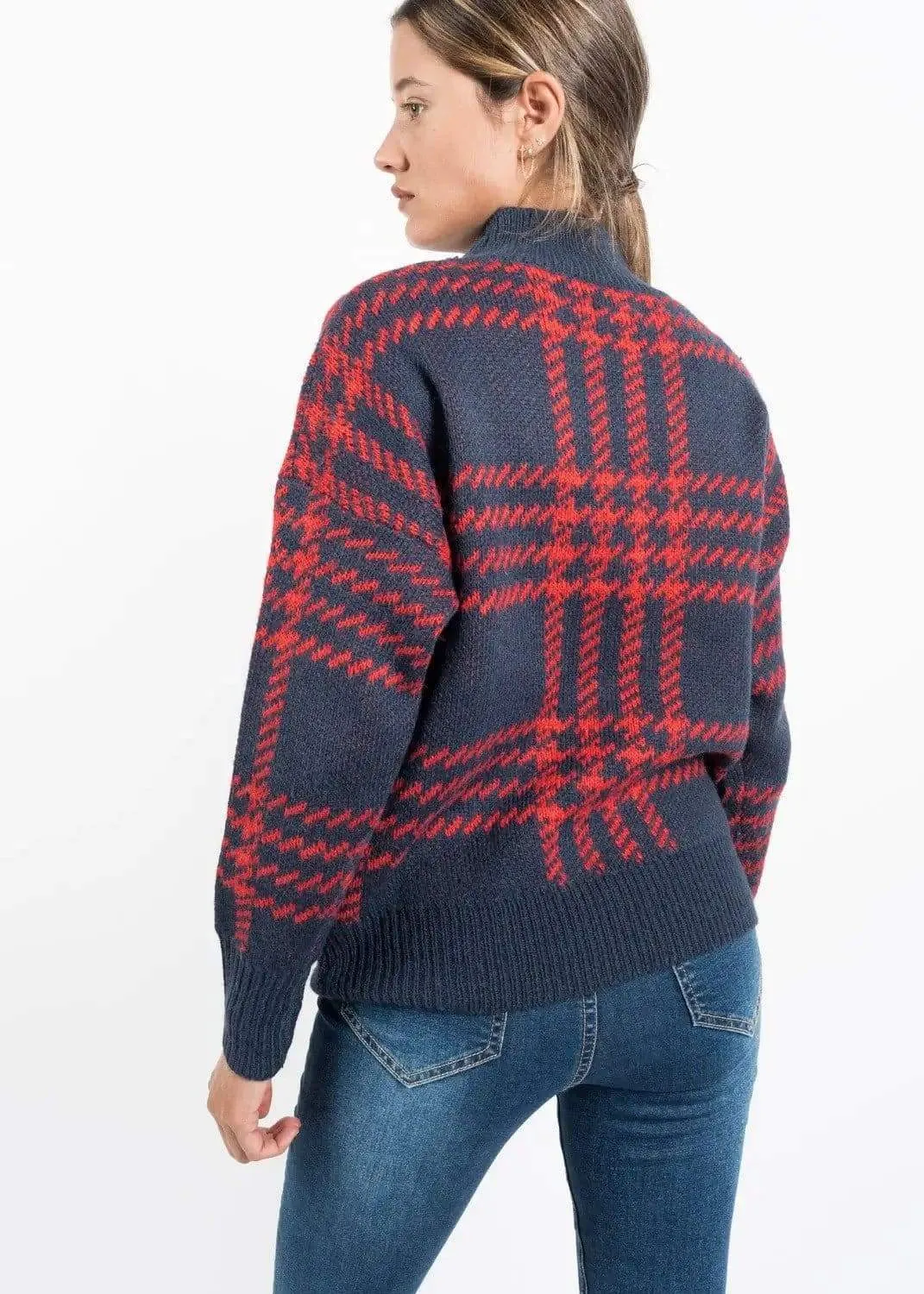 Charcoal Grey Black Jumper with Ultra Trendy Red Check Pattern by Linu