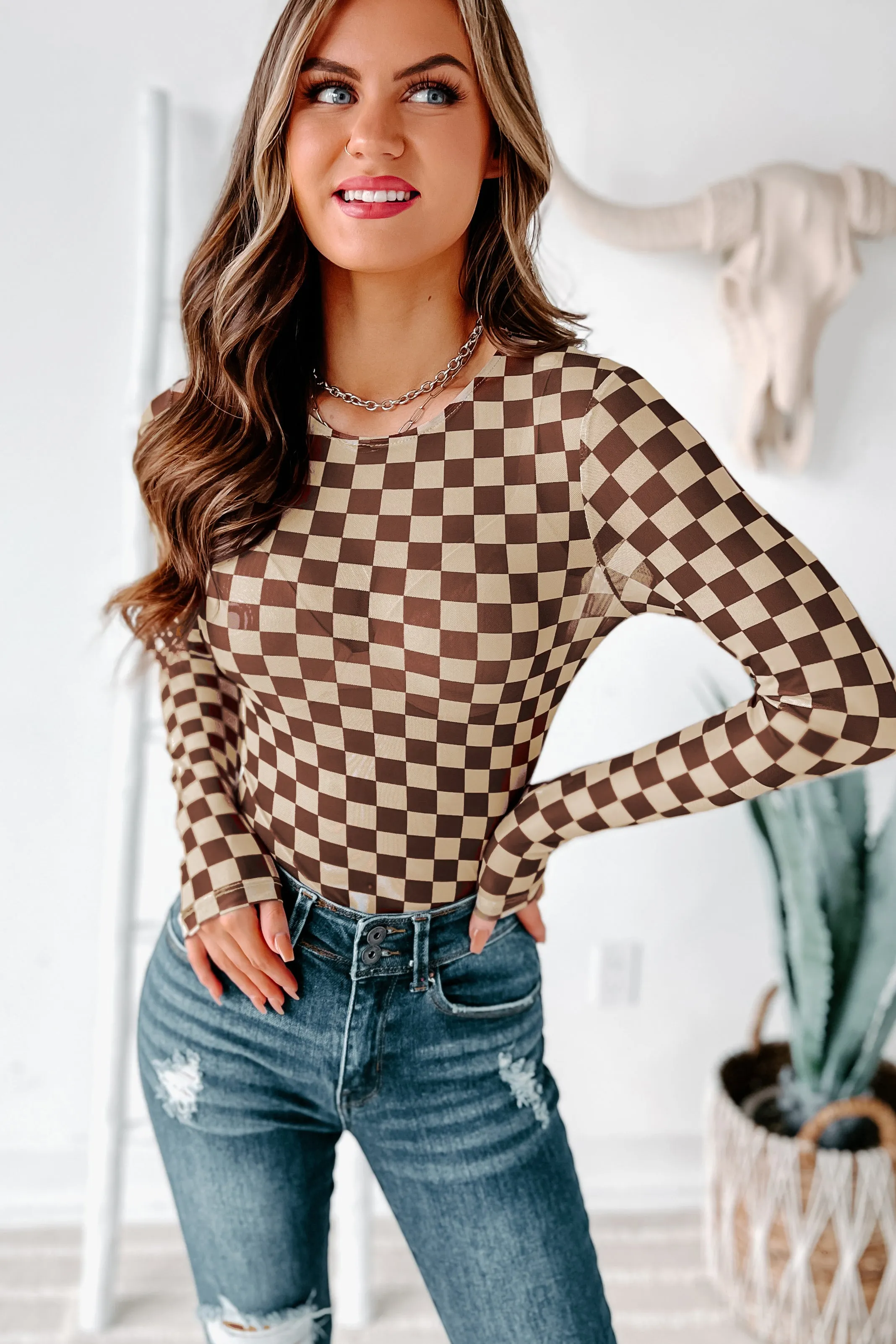 Checked Out Mesh Checker Print Bodysuit (Brown/Tan)