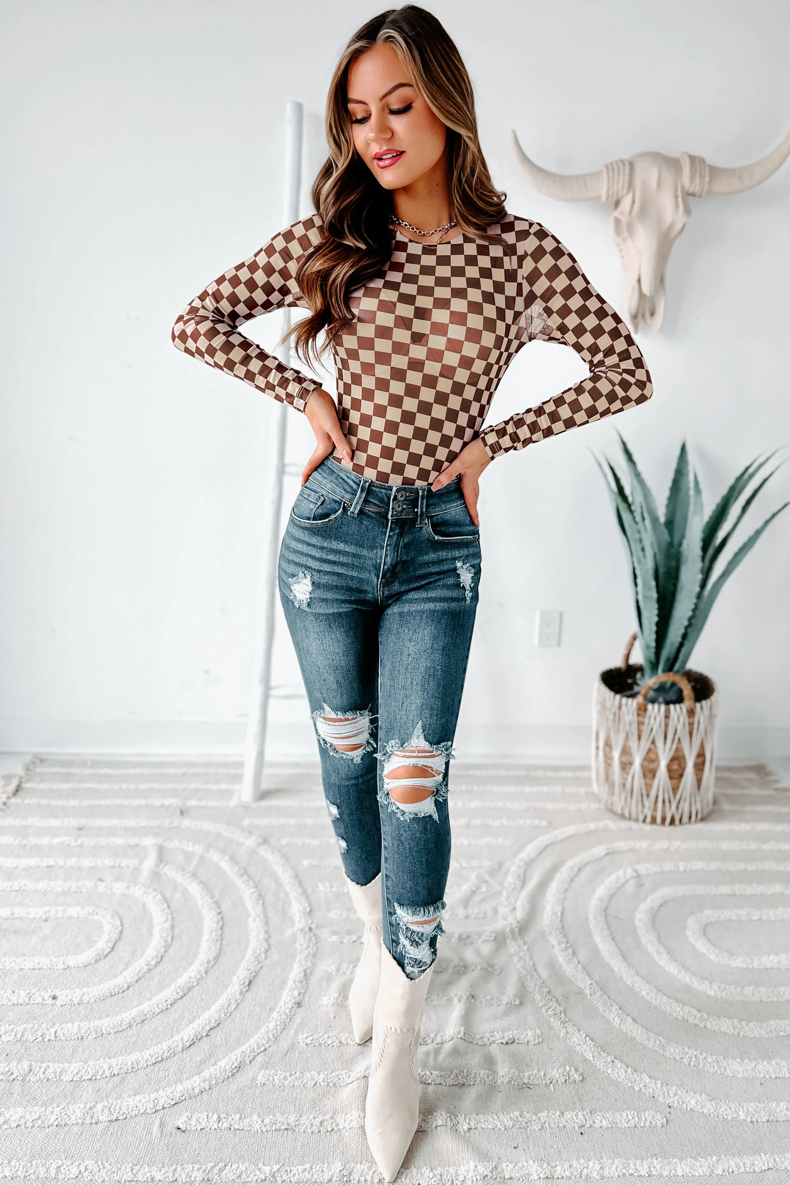 Checked Out Mesh Checker Print Bodysuit (Brown/Tan)