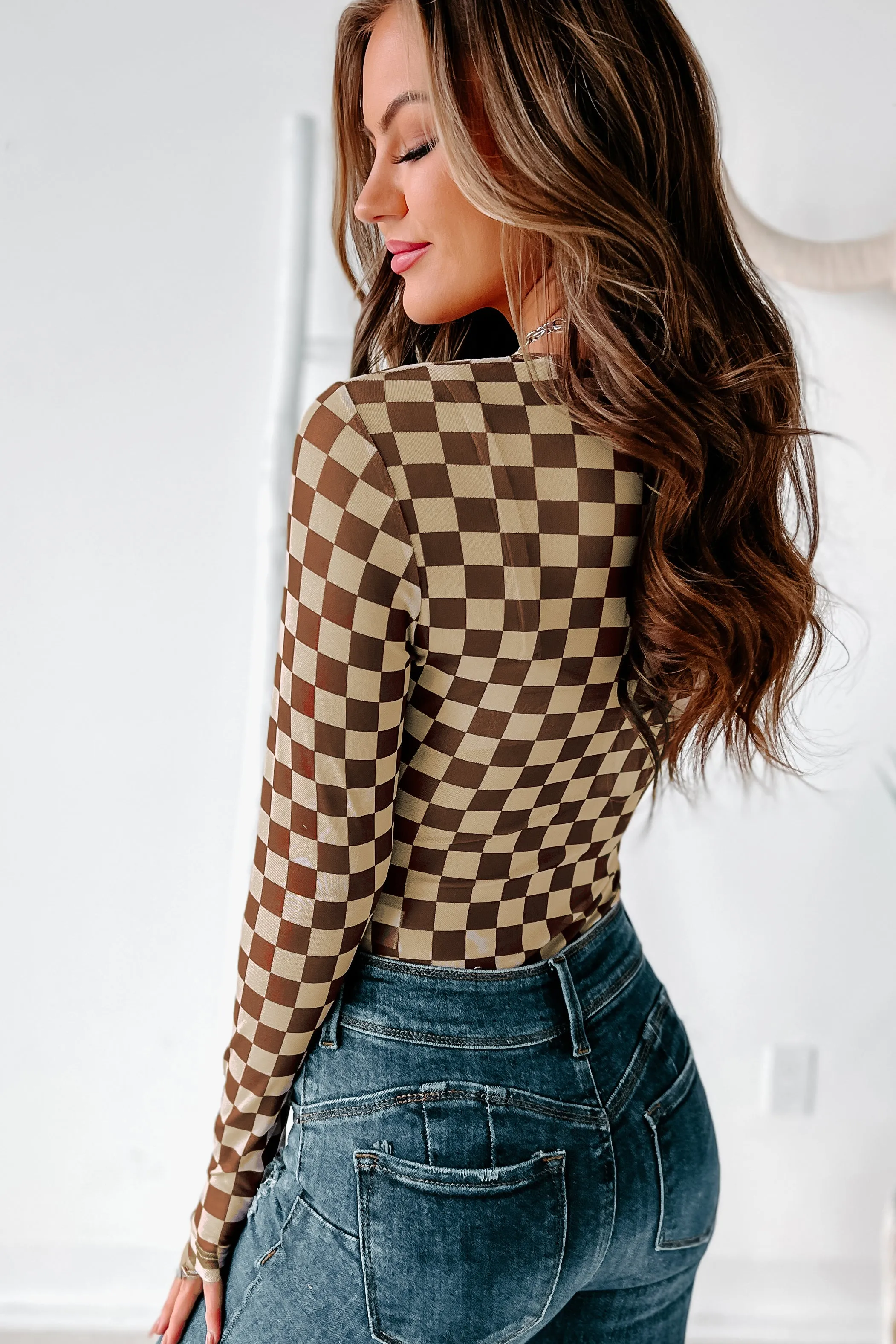 Checked Out Mesh Checker Print Bodysuit (Brown/Tan)