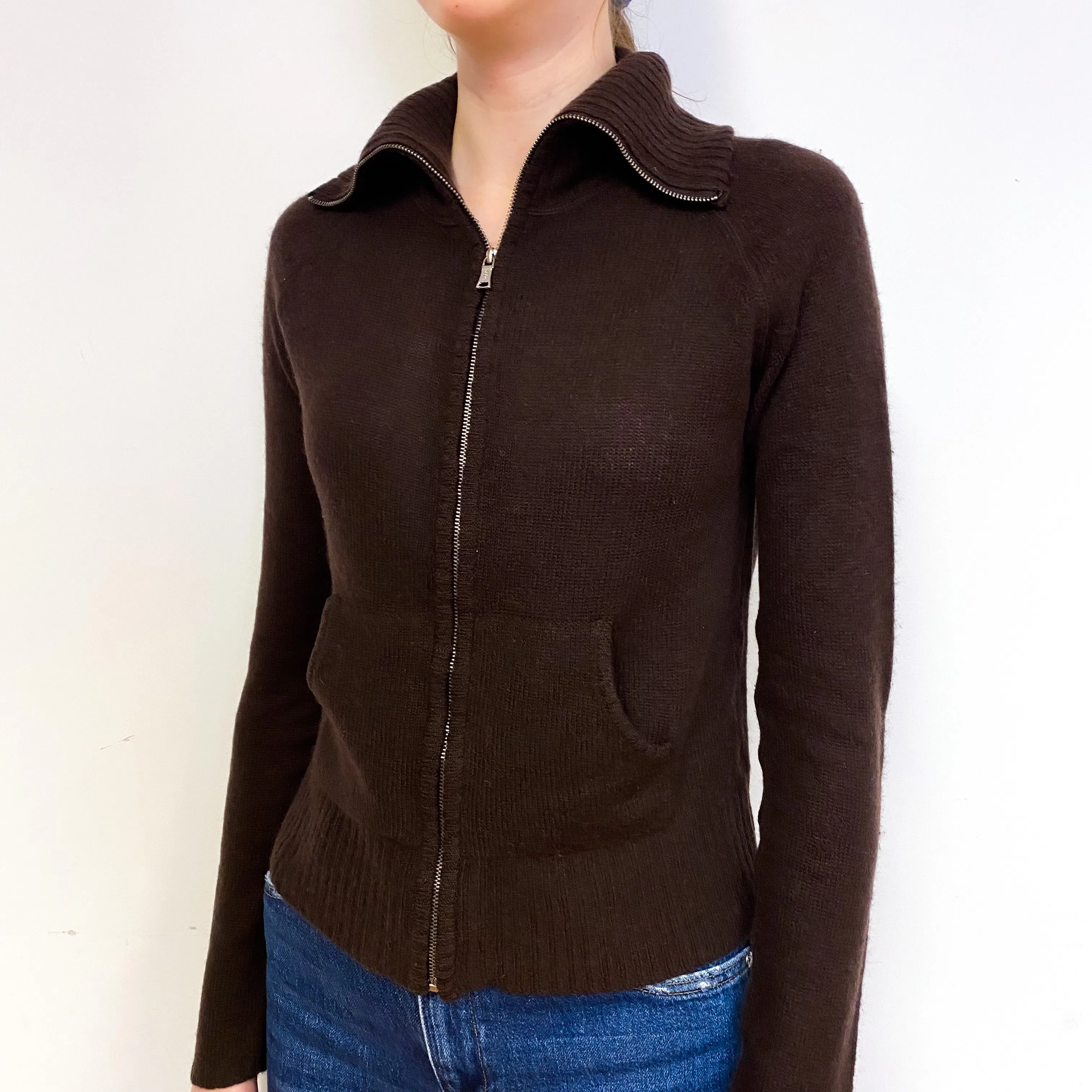 Chocolate Brown Lightweight Cashmere Zip Cardigan Extra Small