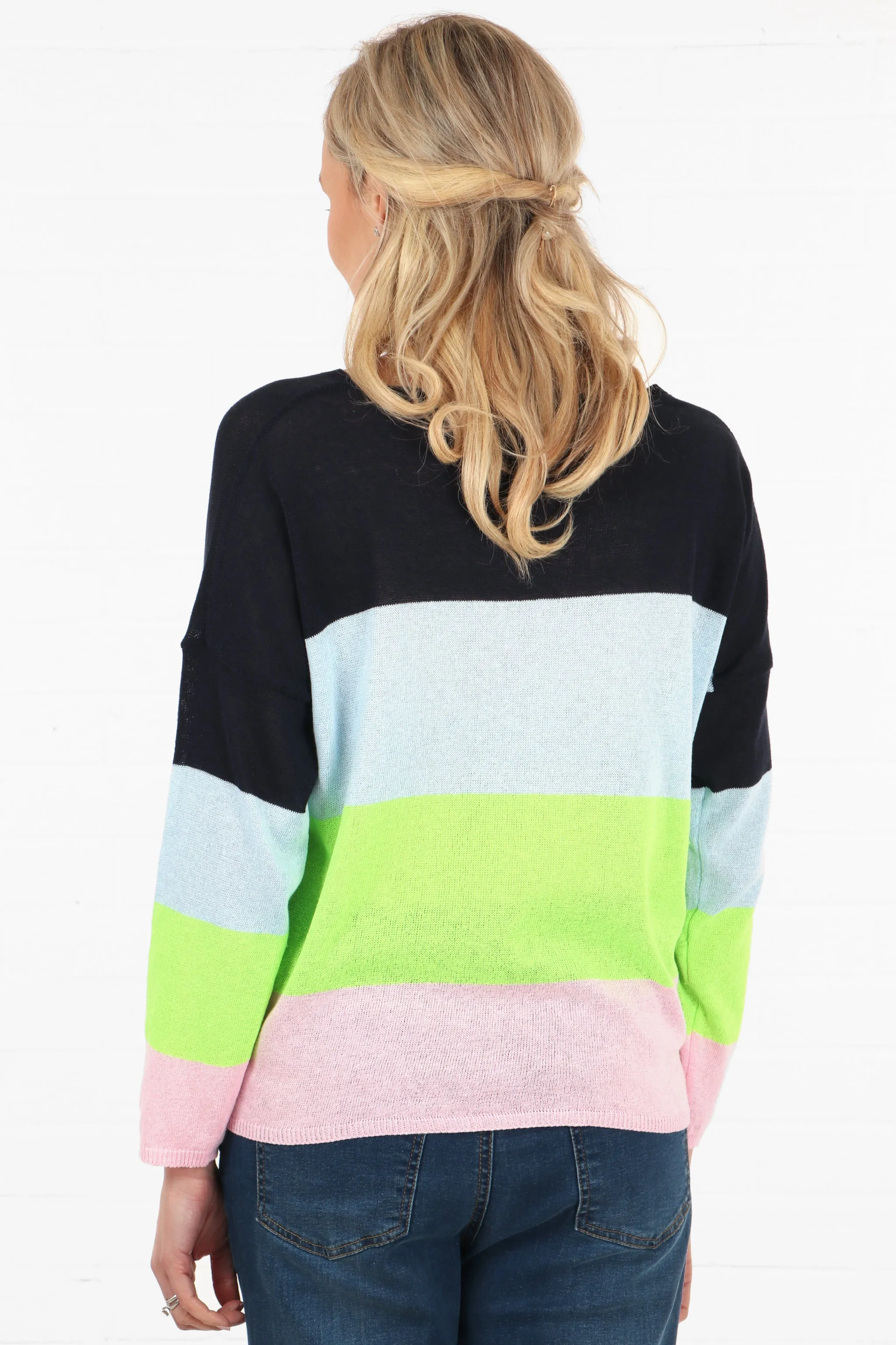 Contrasting Colourblock Stripe V-Neck Lightweight Cotton Jumper in Navy Blue Lime Pink