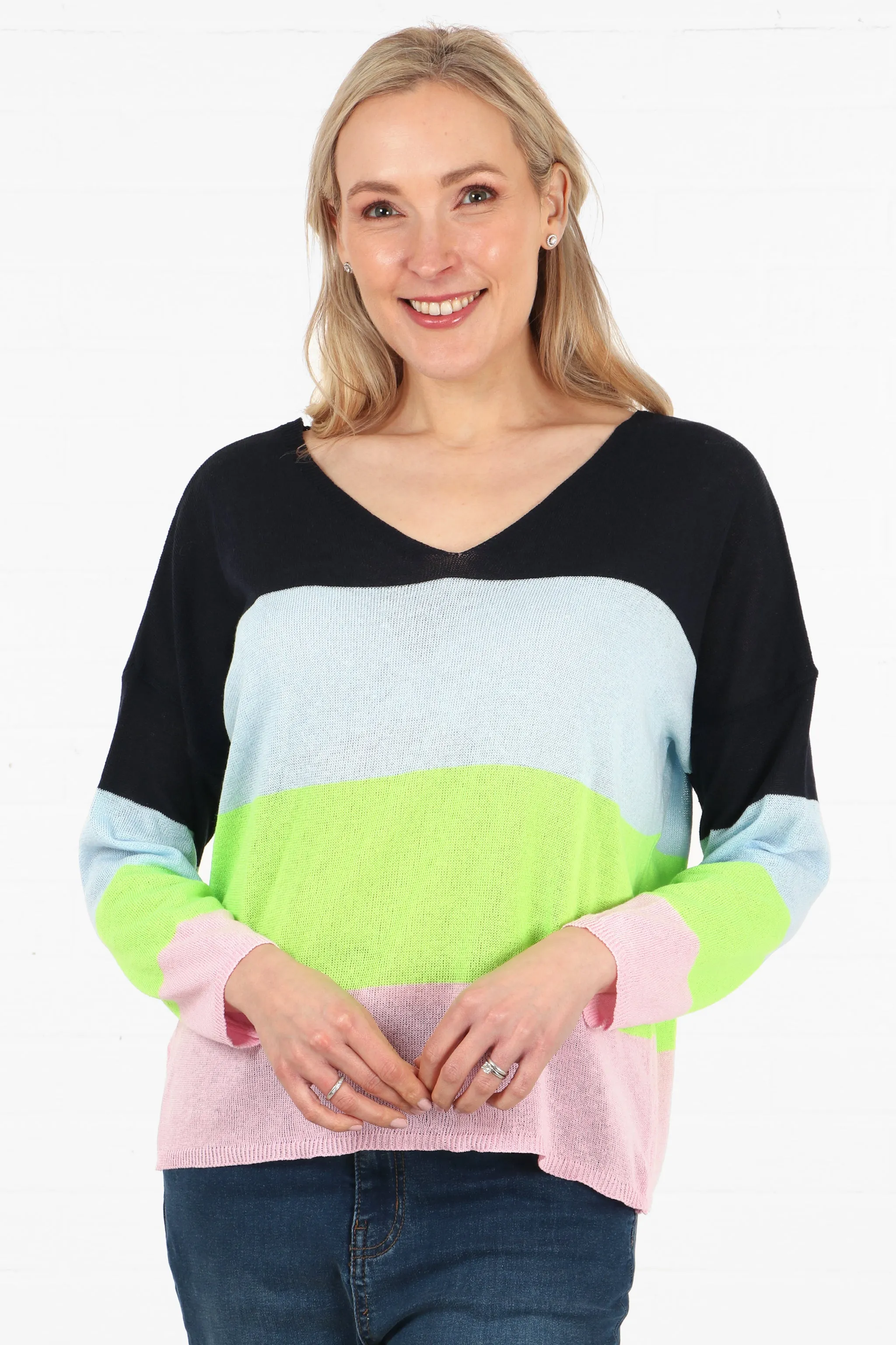 Contrasting Colourblock Stripe V-Neck Lightweight Cotton Jumper in Navy Blue Lime Pink