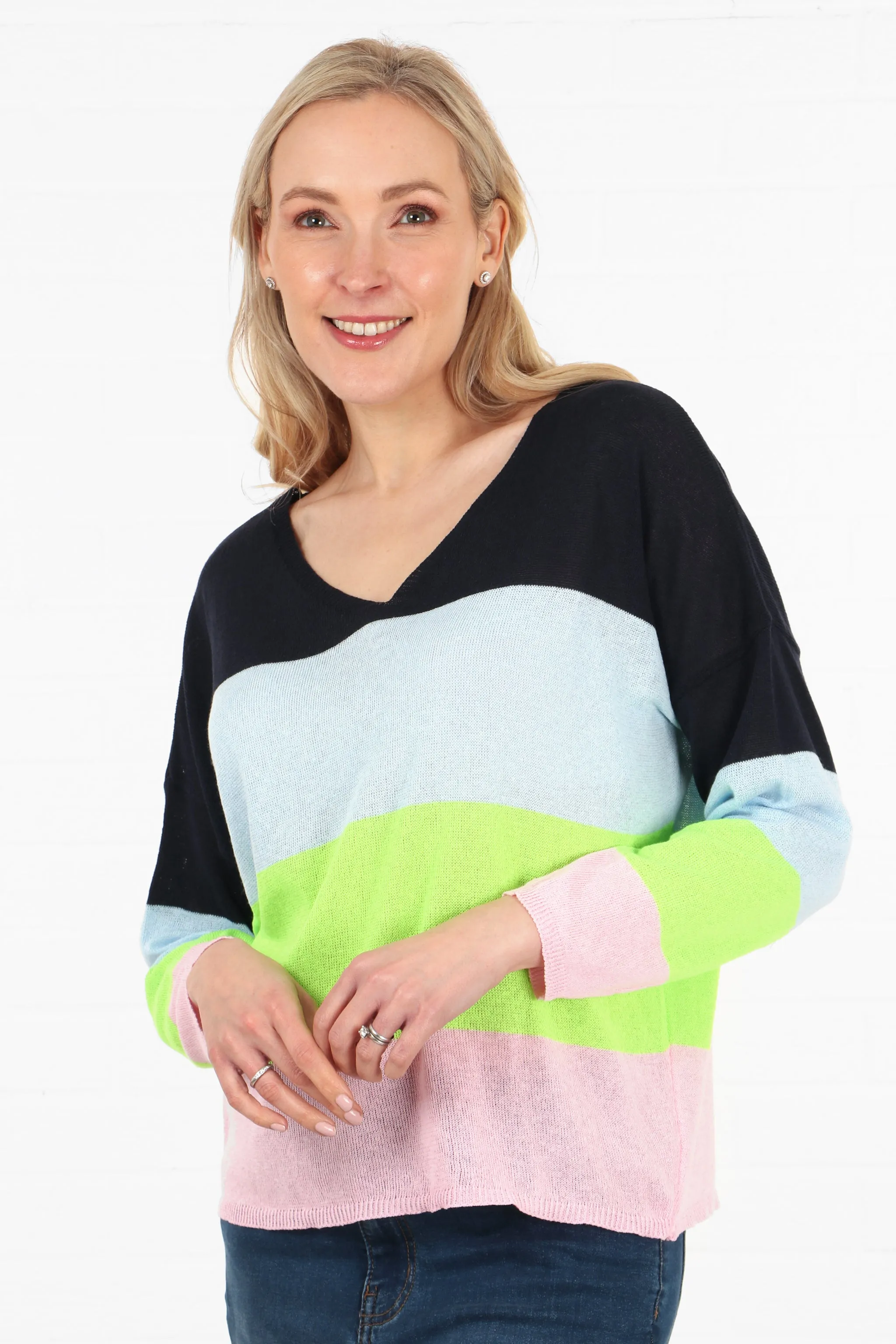 Contrasting Colourblock Stripe V-Neck Lightweight Cotton Jumper in Navy Blue Lime Pink