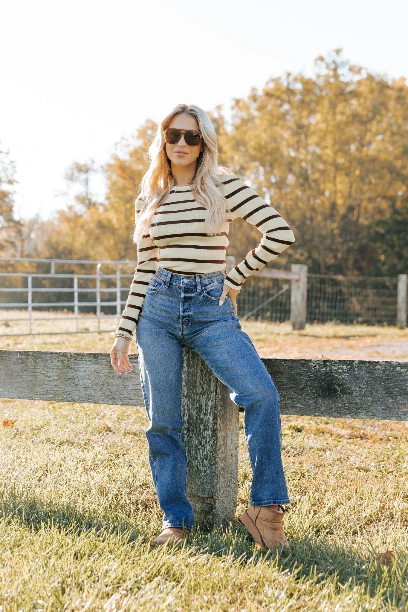 Cream and Brown Striped Bodysuit