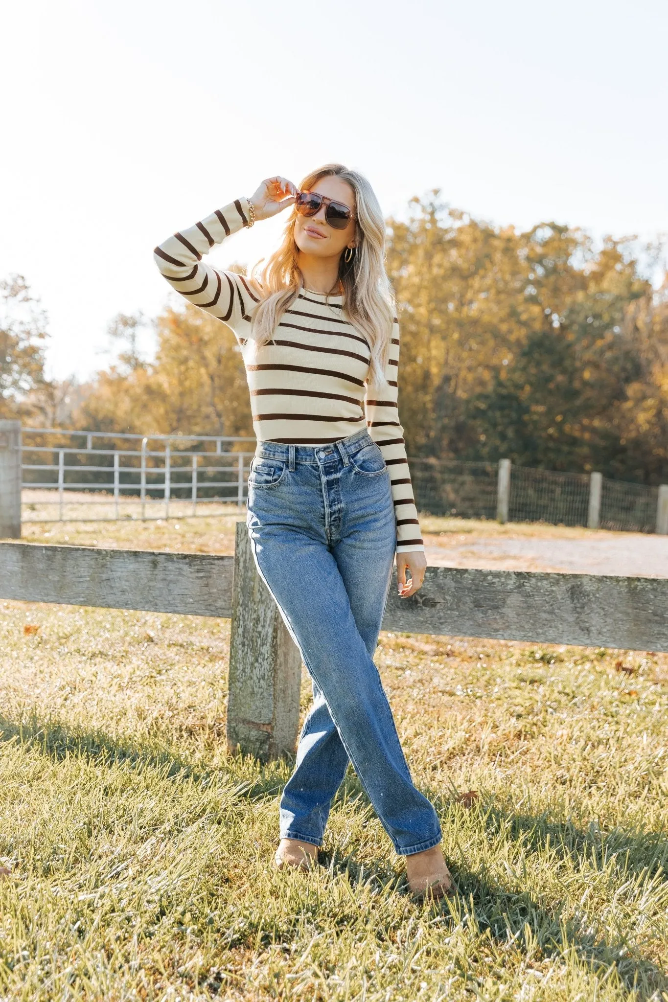 Cream and Brown Striped Bodysuit