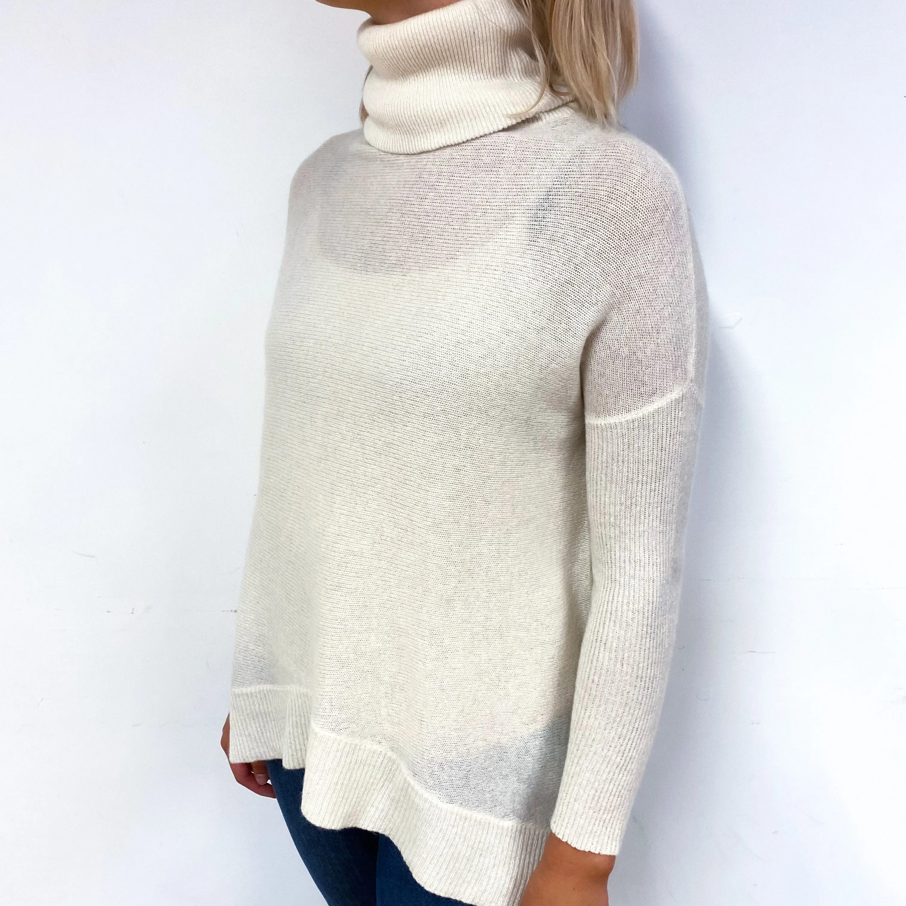 Cream Slouchy Lightweight Cashmere Polo Neck Jumper Small