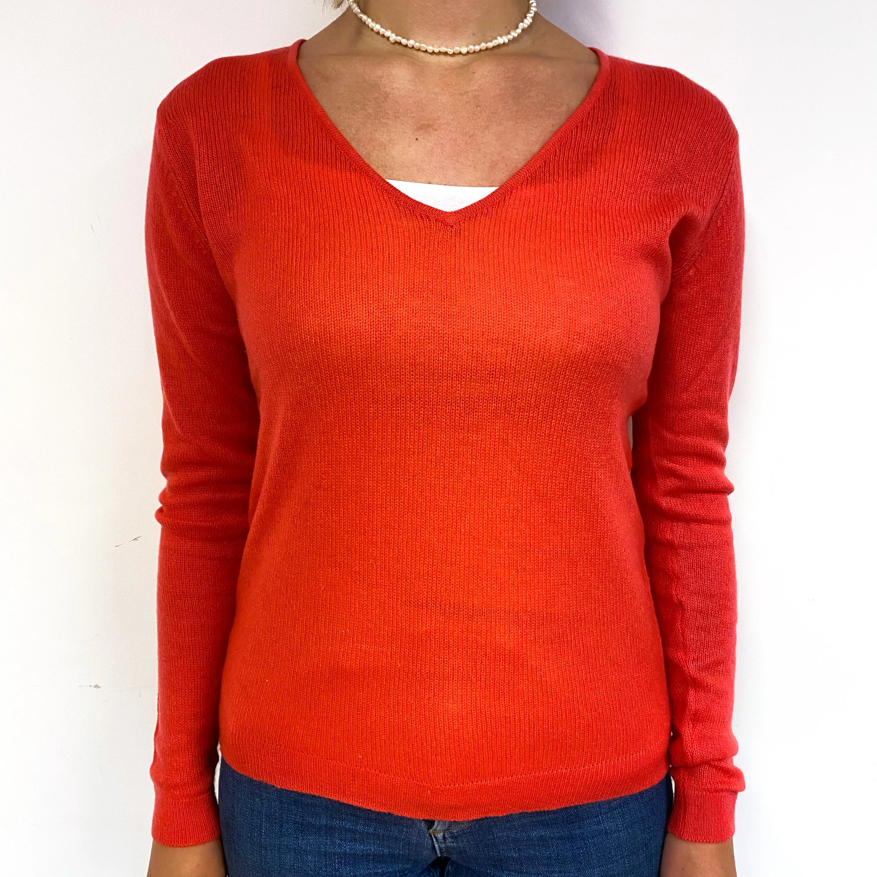 Deep Coral Orange Lightweight Cashmere V-Neck Jumper Small