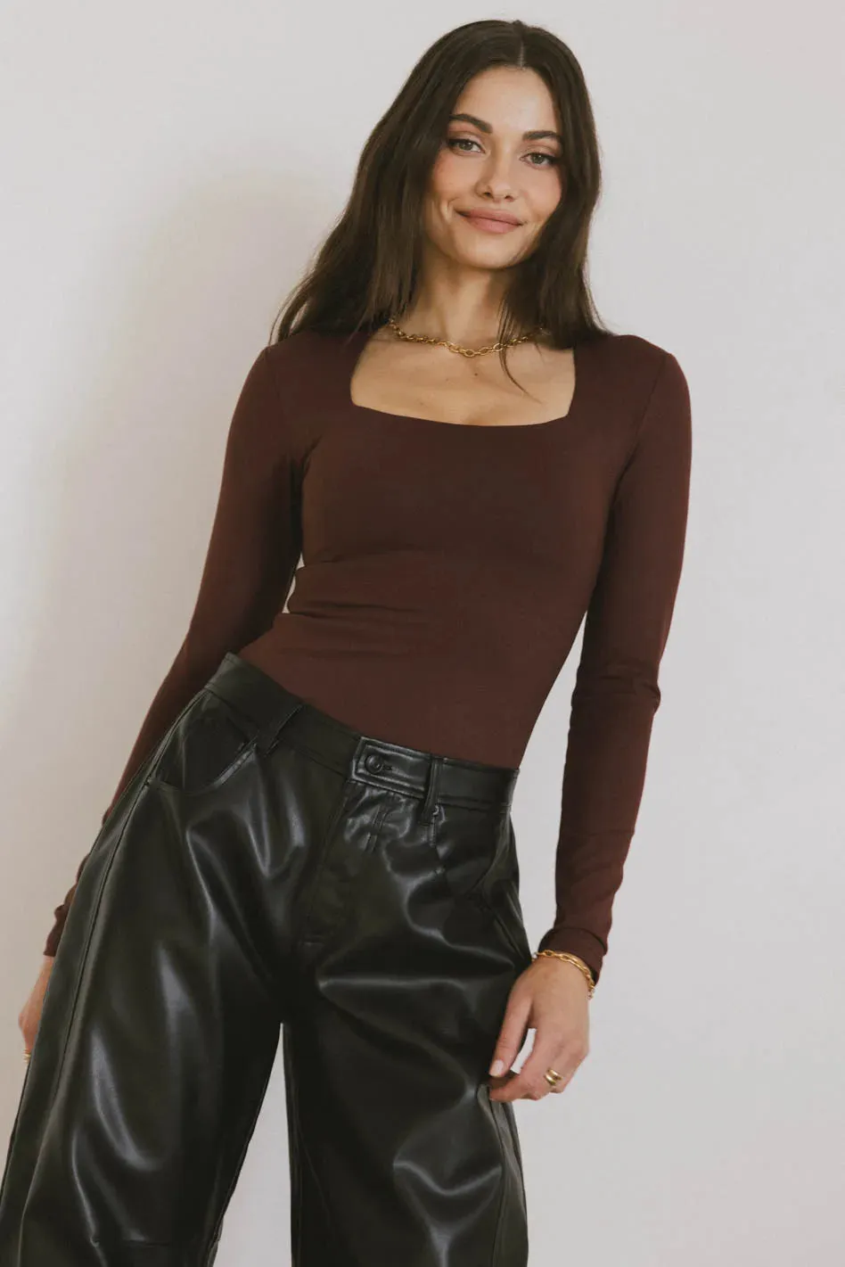 Demi Square Neck Bodysuit in Red-Brown