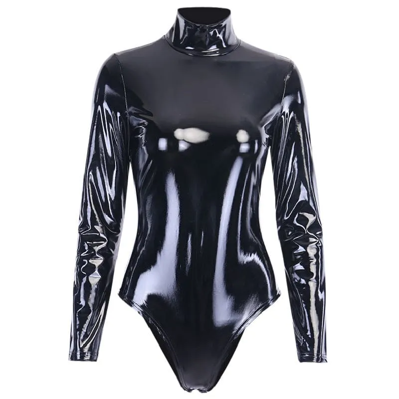 Edgy Black Shiny Bodysuit in Patent Vegan Leather