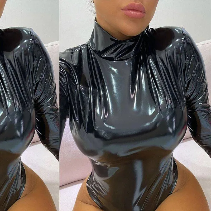 Edgy Black Shiny Bodysuit in Patent Vegan Leather