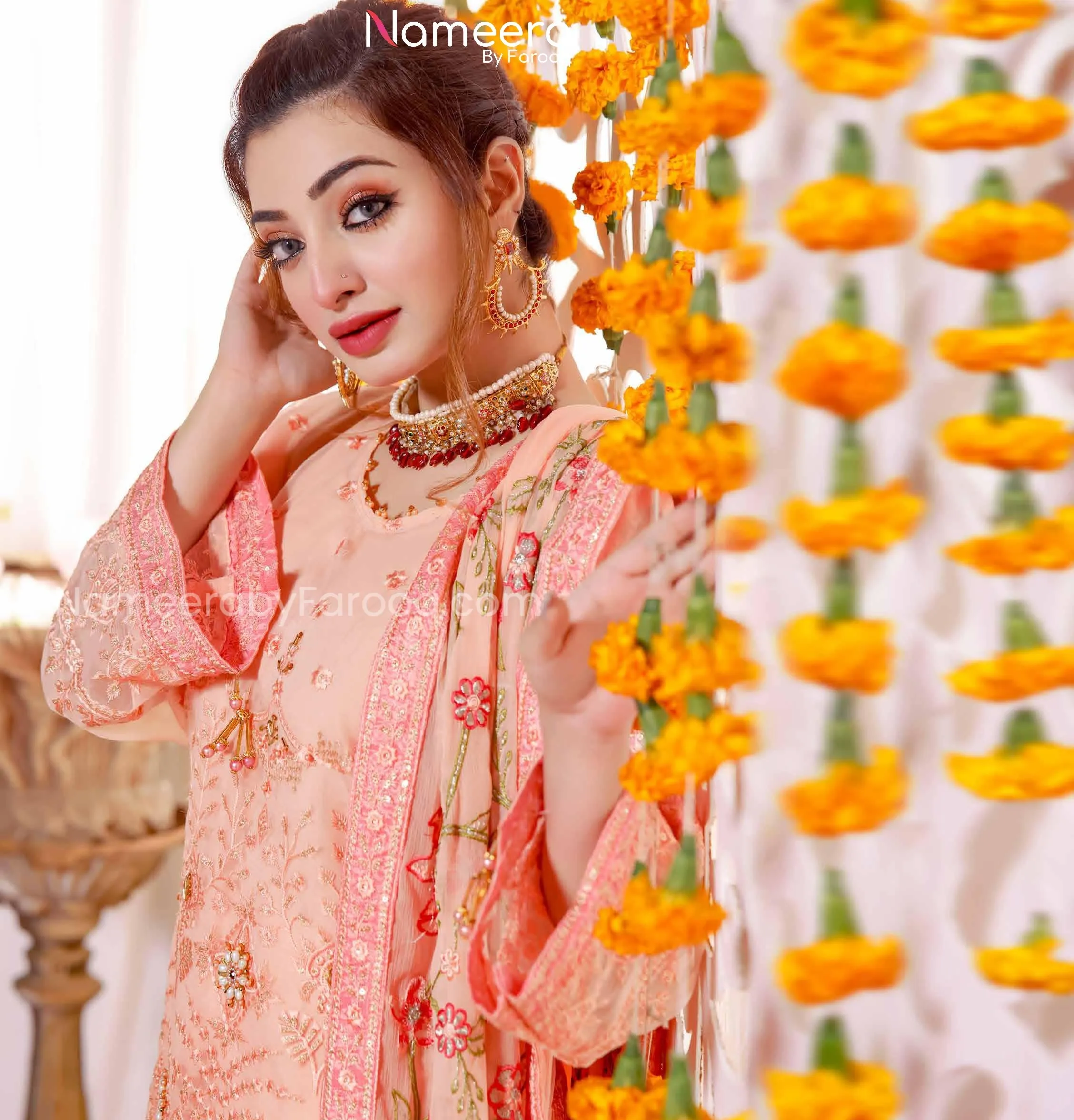 Elegant Pakistani Fancy Dress In Peach Shade #PF241