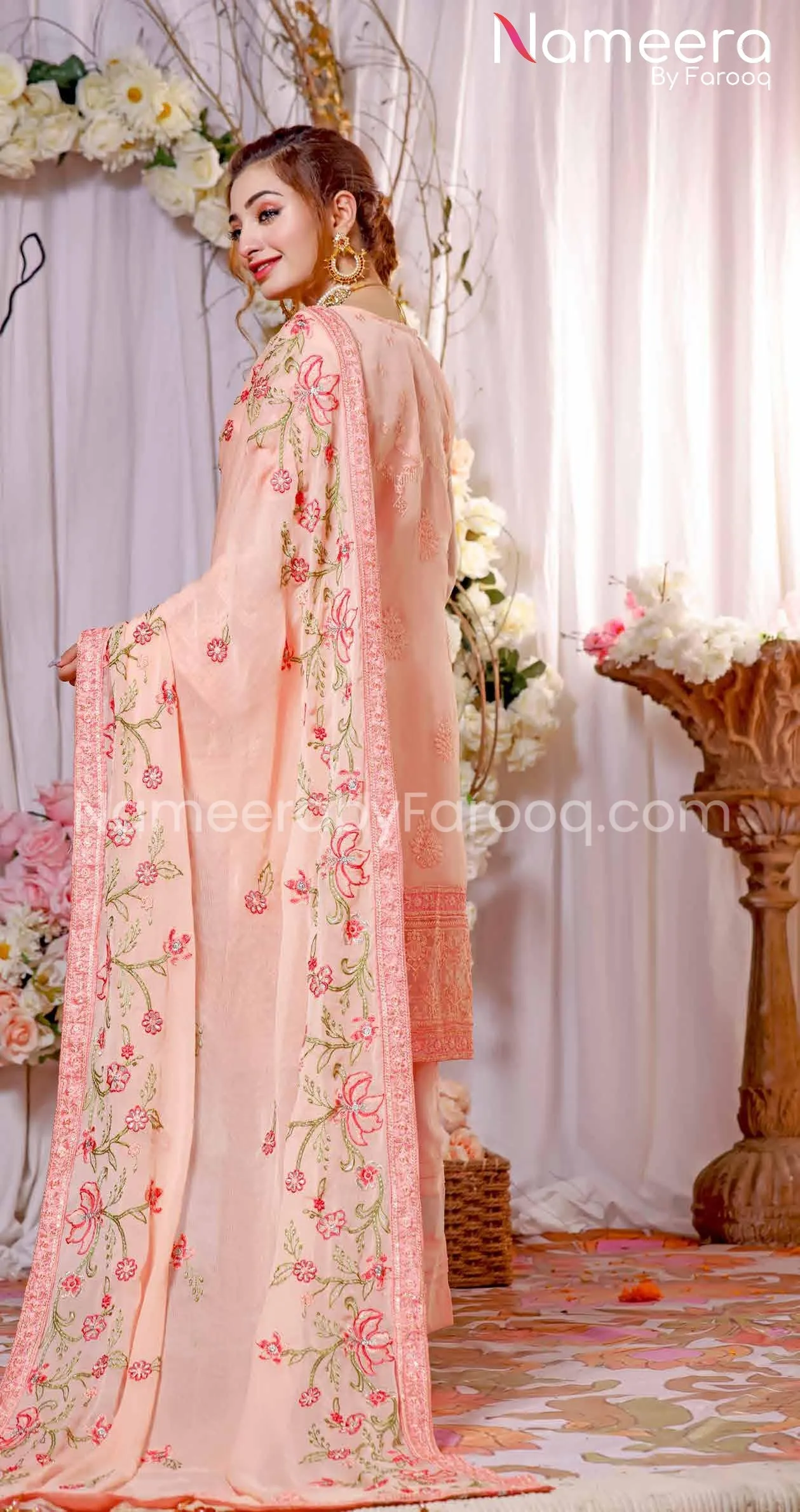 Elegant Pakistani Fancy Dress In Peach Shade #PF241