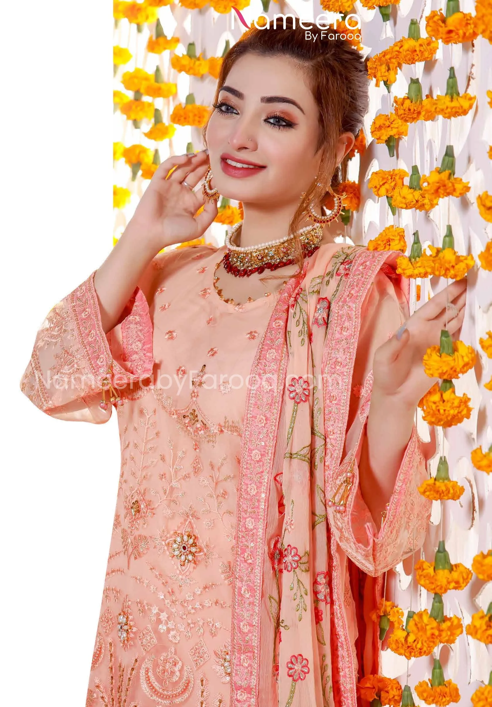 Elegant Pakistani Fancy Dress In Peach Shade #PF241