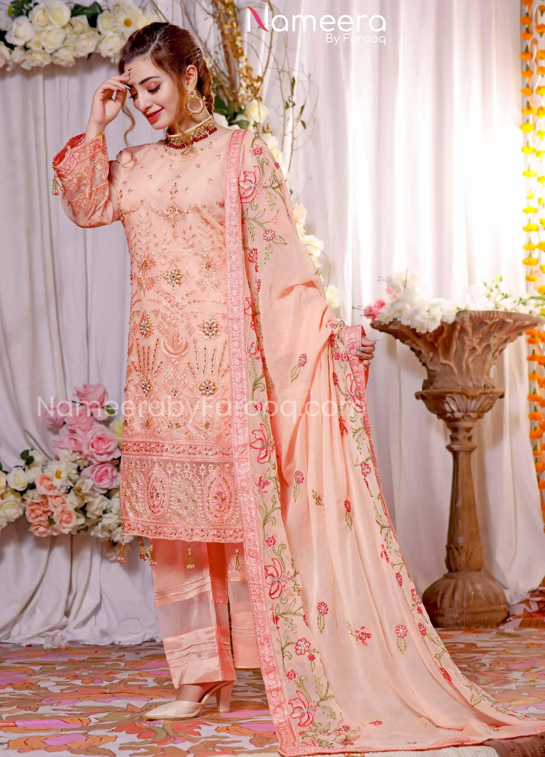 Elegant Pakistani Fancy Dress In Peach Shade #PF241