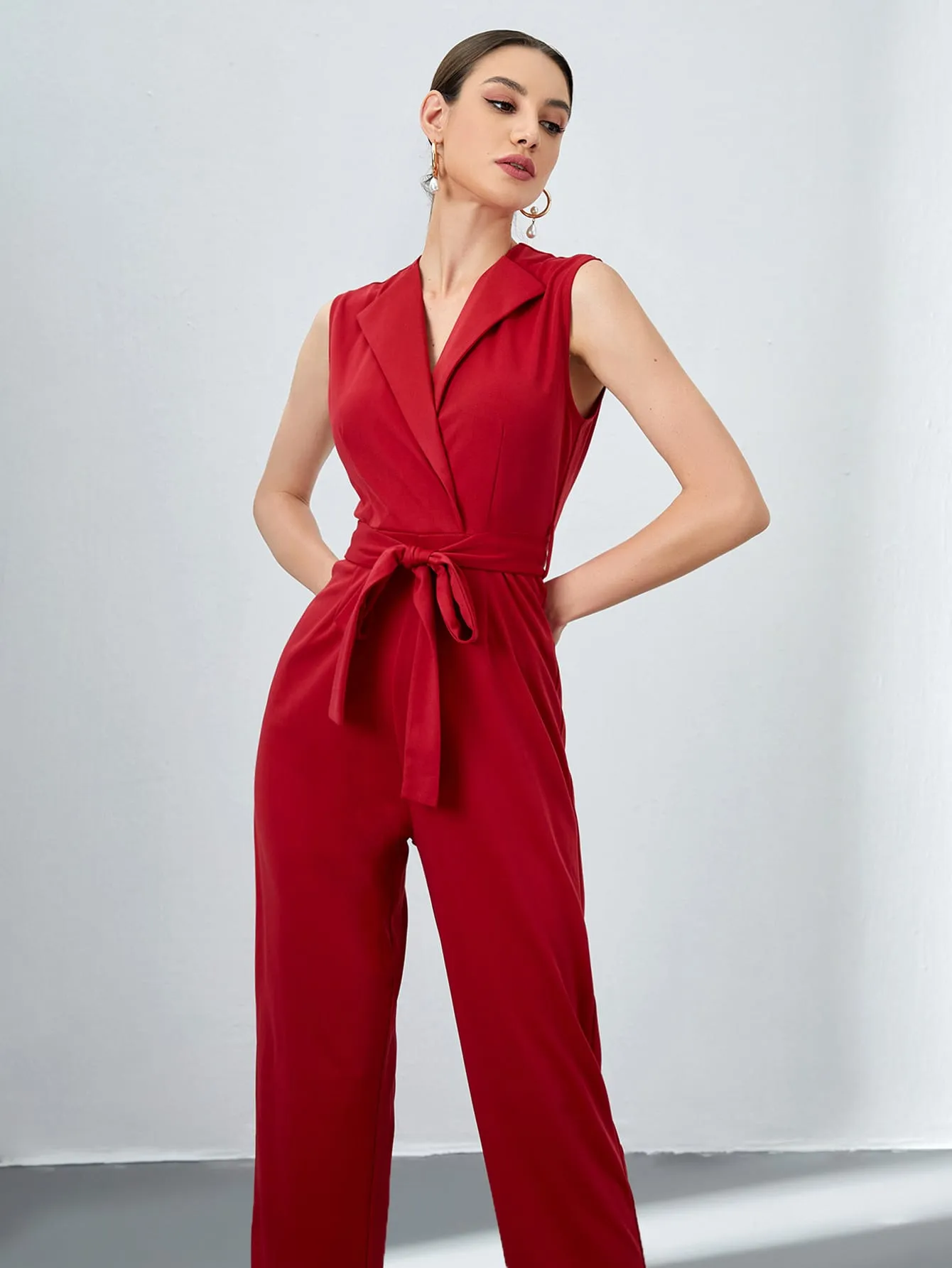 Elegant Plain Belted Sleeveless V Neck High Waist Long Women Jumpsuit