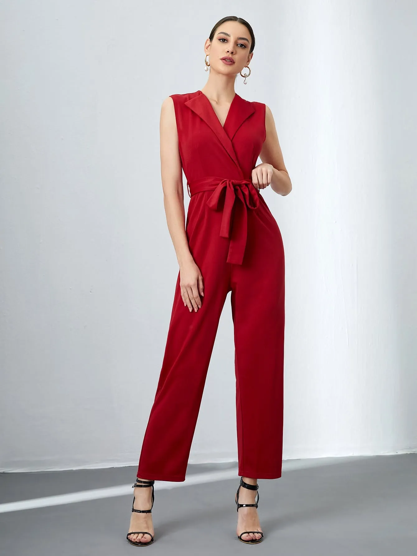 Elegant Plain Belted Sleeveless V Neck High Waist Long Women Jumpsuit