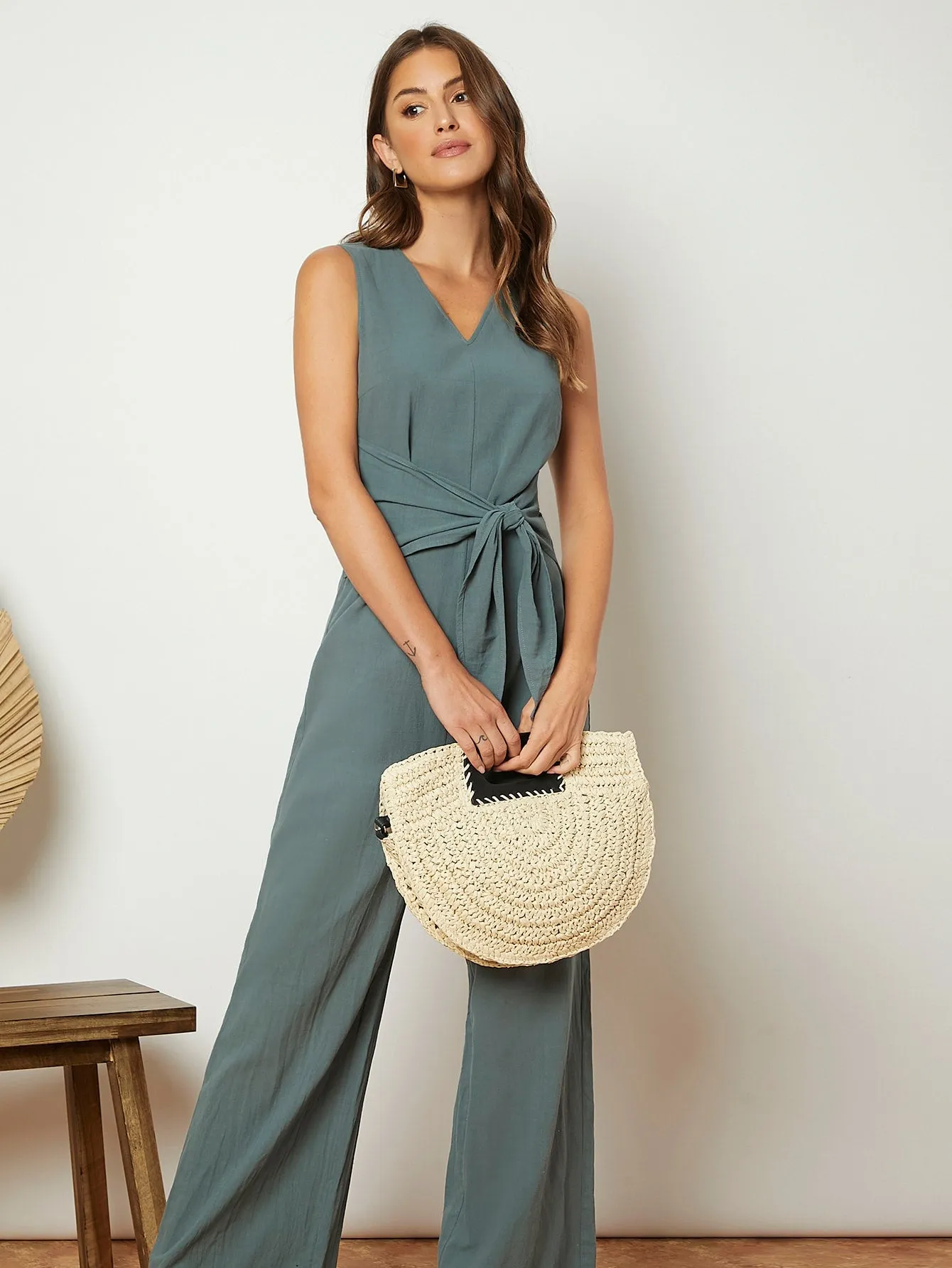 Elegant Plain Sleeveless V Neck Natural Long Women Jumpsuit