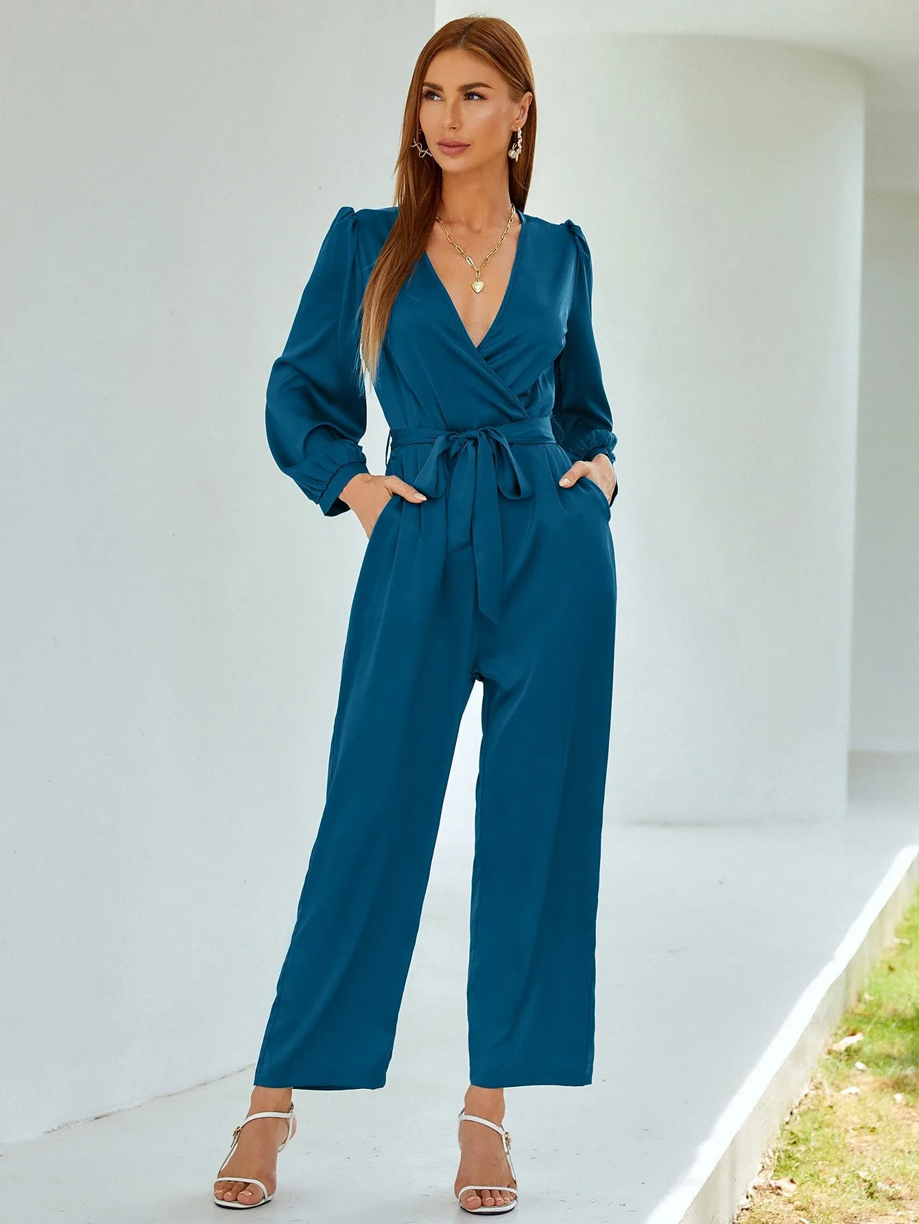 Elegant Plain Wrap Long Sleeve Deep V Neck Natural Long Women Jumpsuit