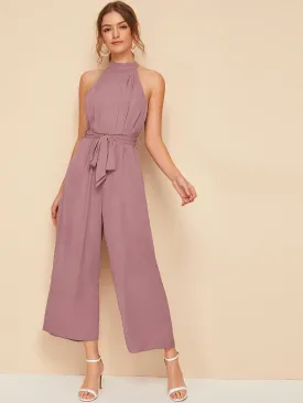 Elegant Plain Zipper Sleeveless Halter High Waist Capris Women Jumpsuit