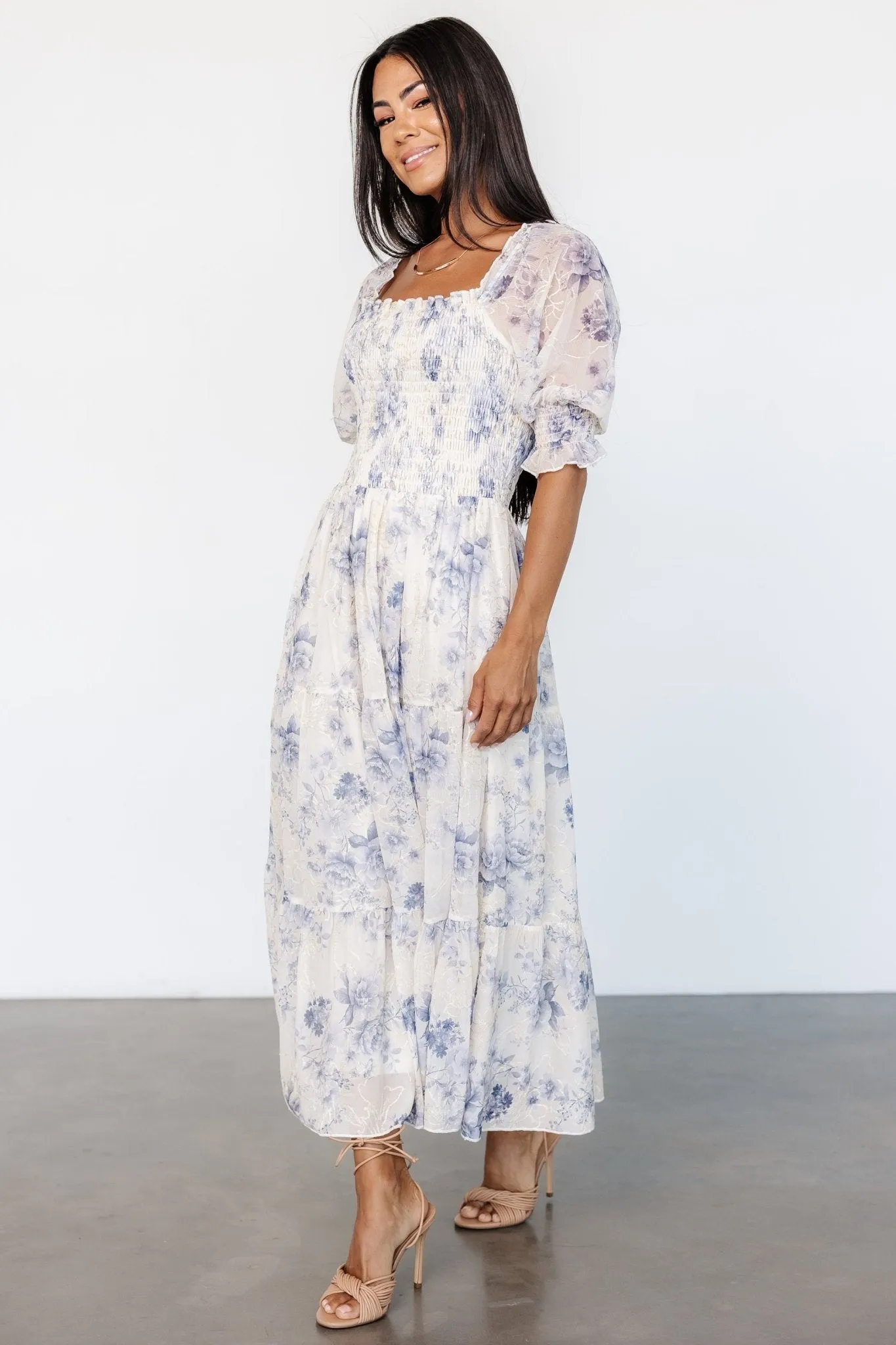 Fabian Jacquard Midi Dress | Cream   Blue Floral