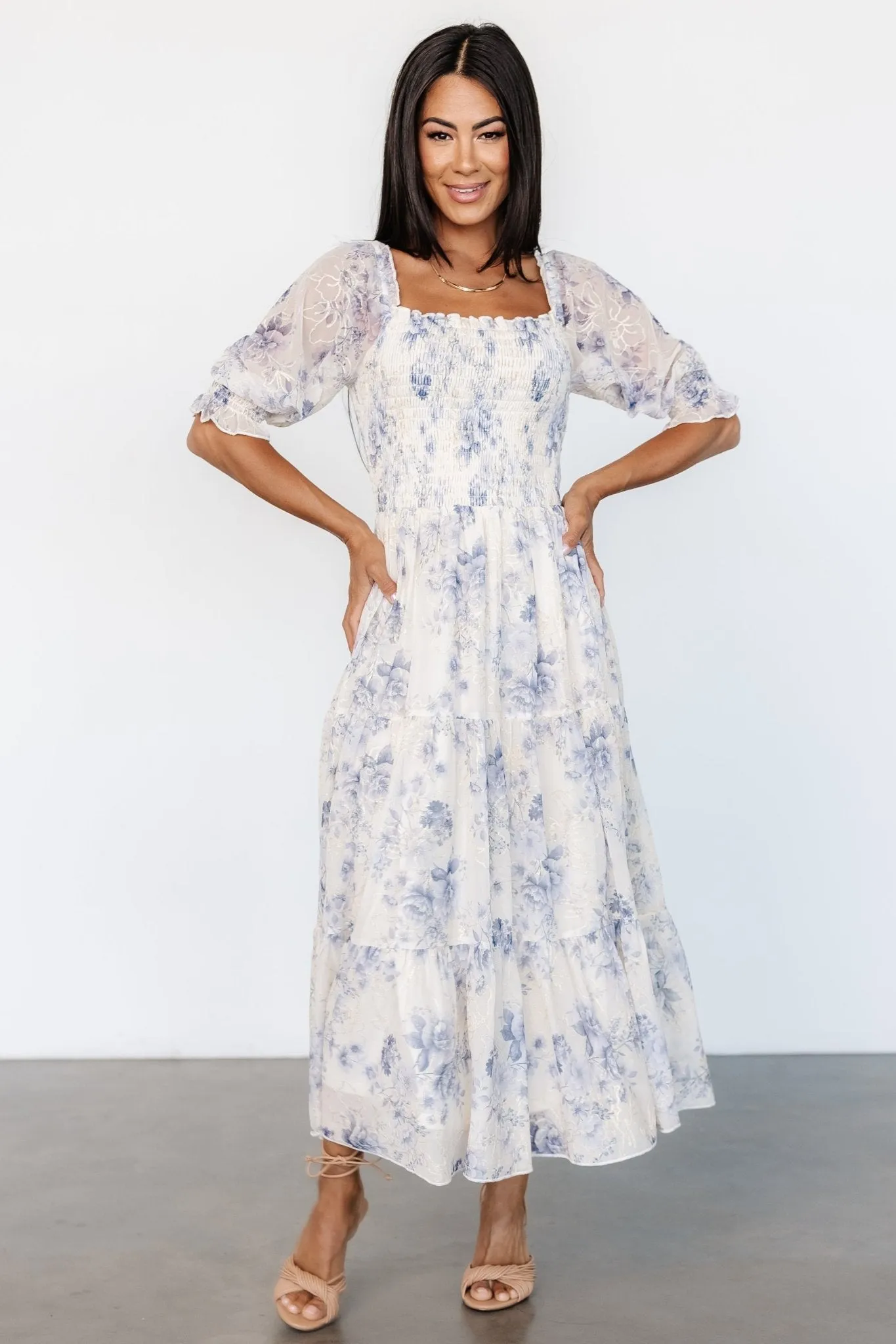 Fabian Jacquard Midi Dress | Cream   Blue Floral