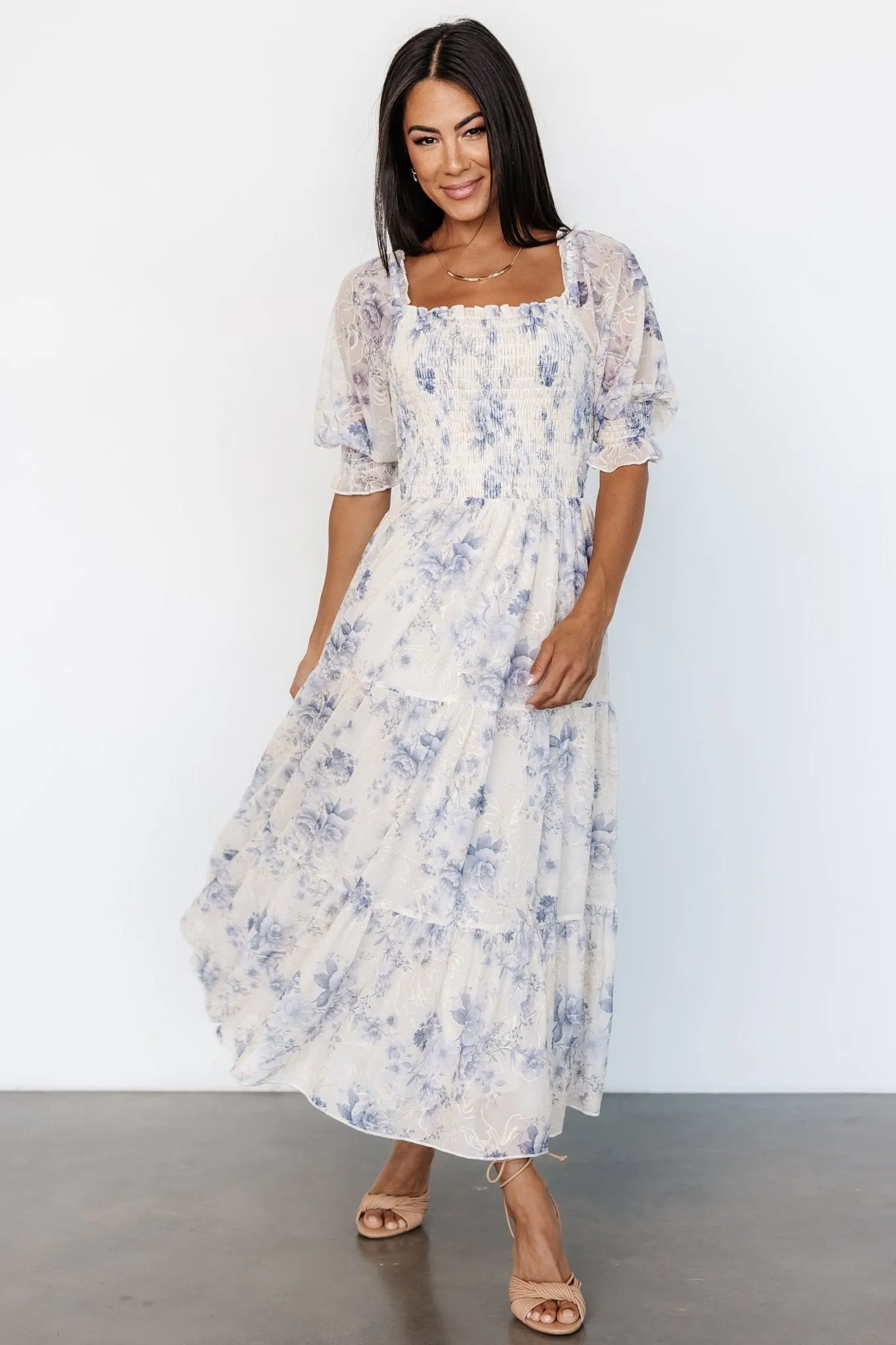 Fabian Jacquard Midi Dress | Cream   Blue Floral