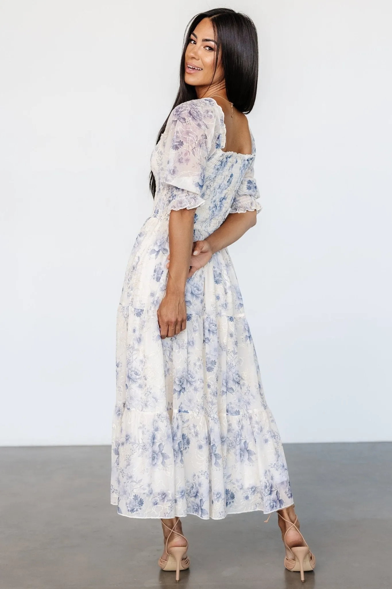 Fabian Jacquard Midi Dress | Cream   Blue Floral